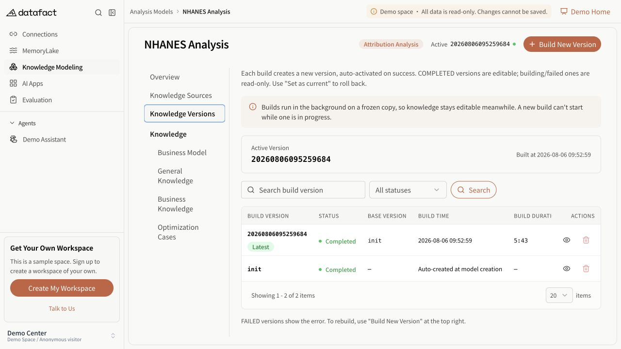 Knowledge Versions showing the active version, build status, baseline, and actions