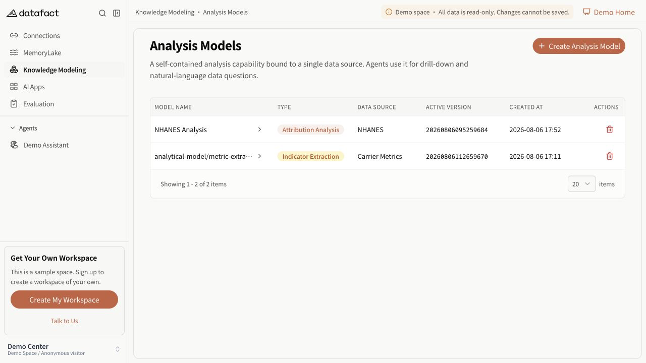 The Analysis Models list with model type, data source, and active version