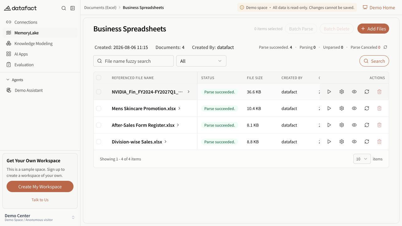 An Excel document resource showing parsed files and their processing status