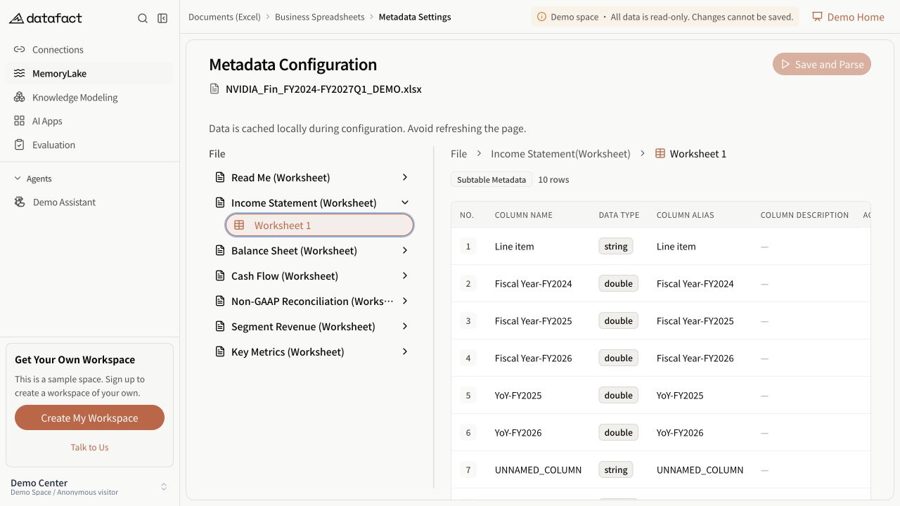 Worksheet column metadata with data types, aliases, descriptions, and edit actions
