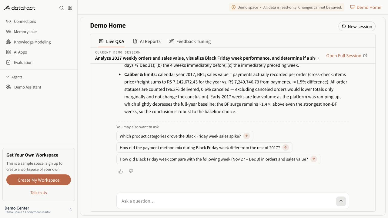 Suggested follow-up questions displayed below a completed Demo answer