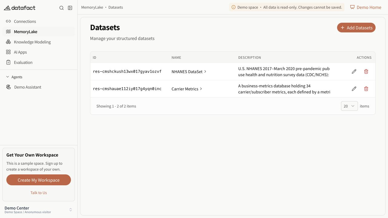 The MemoryLake Datasets list with sample SQL-backed resources